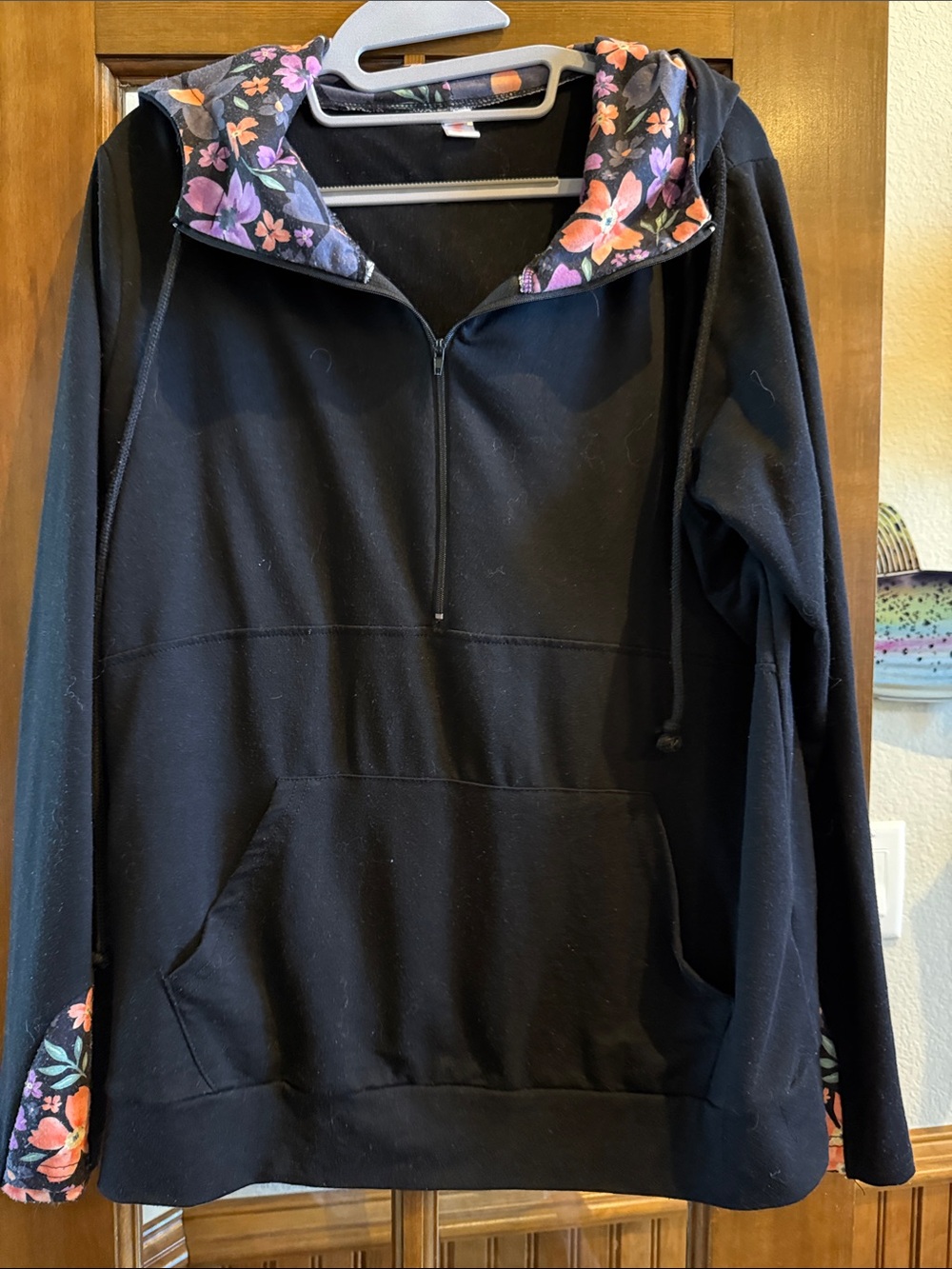 Black Zip-Up Hoodie with Floral Trim - Unbranded